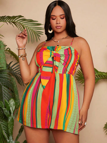 Plus Size Striped Printed Short Jumpsuit With Spaghetti Straps For Holidays