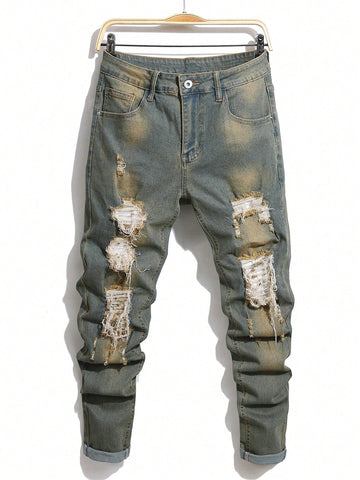 Men Casual Straight Leg Jeans With Ripped Holes And Pockets