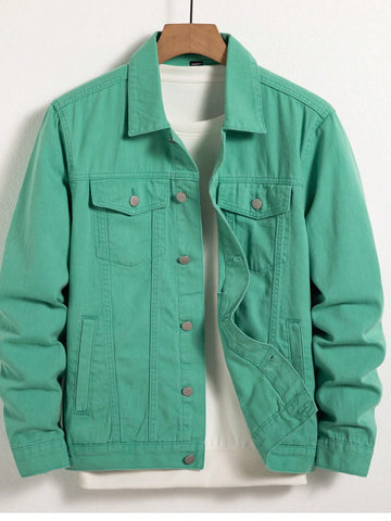 Men Spring Autumn Solid Color Flip Pocket Casual Denim Jacket