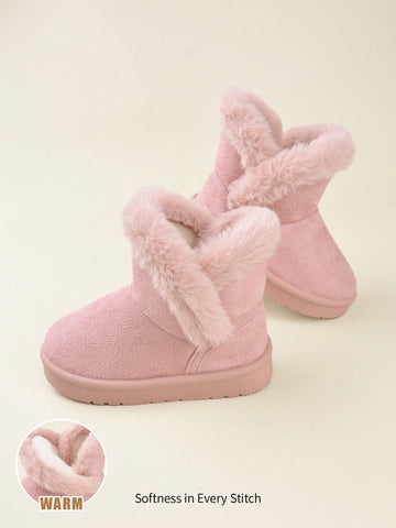 Girls' Pink Fashionable Design Plush-lined Snow Boots, Comfortable And Warm