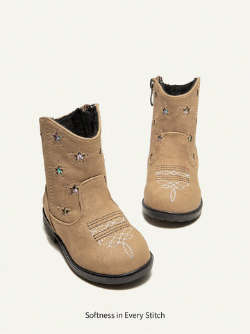 Fashionable Western-style Cowgirl Boots For Infants, With Star Embroidery And Patch Decor