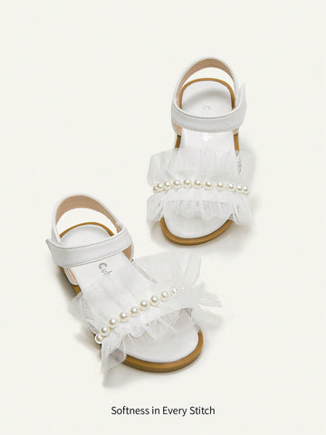Spring Summer White Lace Faux Pearl Princess Style Baby Girls' Flat Sandals Suitable For Wedding And Daily Wear