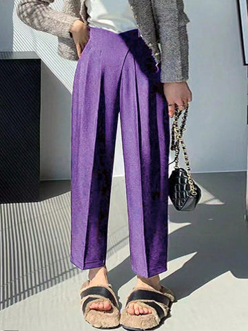 Plus Size Solid Color Asymmetrical Waist Suit Pants