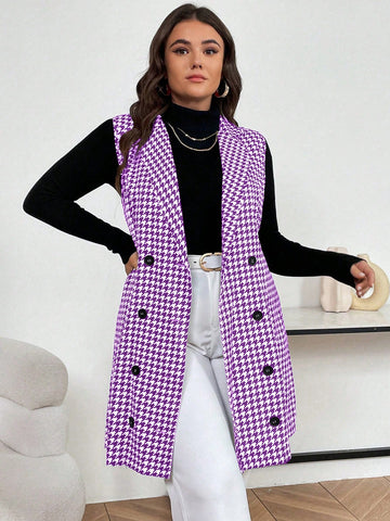 Plus Size Houndstooth Double-Breasted Sleeveless Suit Vest