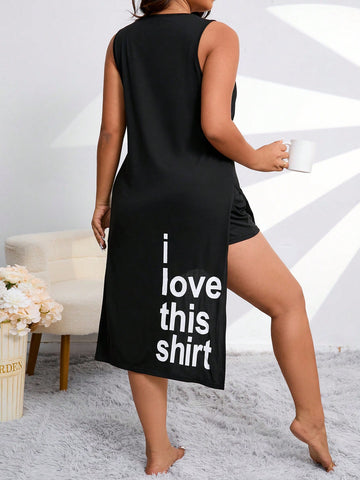 Plus Size Slogan Printed Front Short Back Long Vest And Shorts Casual Set For Summer