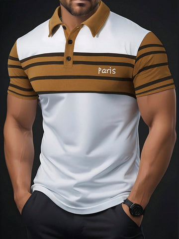 Men Colorblocking Contrast Letter Printed Short Sleeve Polo Shirt For Summer