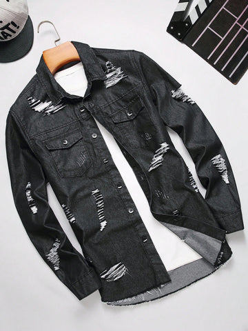 Men Fashionable Street Style Denim Shirt With Distressed Details, Button-Down Front, Flip Pockets