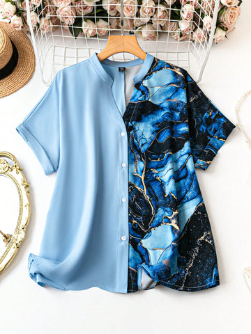 Plus Size Women Solid Color Simple Printing Splice Short Sleeve Shirt