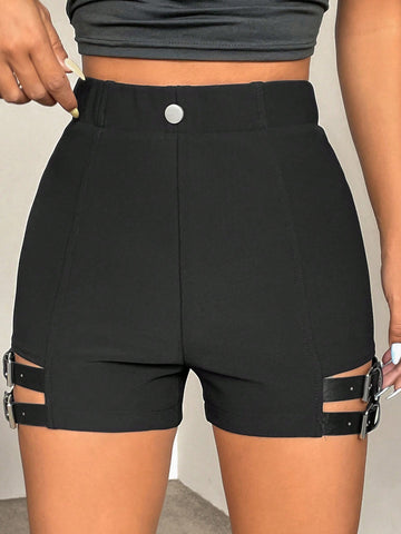 Solid Color Hollow Out Metal Hole Shorts