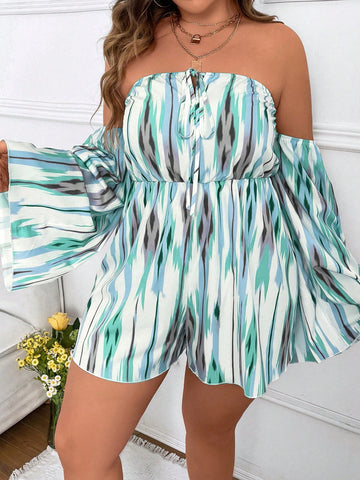 Women Jumpsuit With Random Print, Strapless And Wide Leg, Plus Size