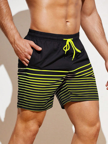 Men Striped Print Drawstring Waist Casual Beach Shorts
