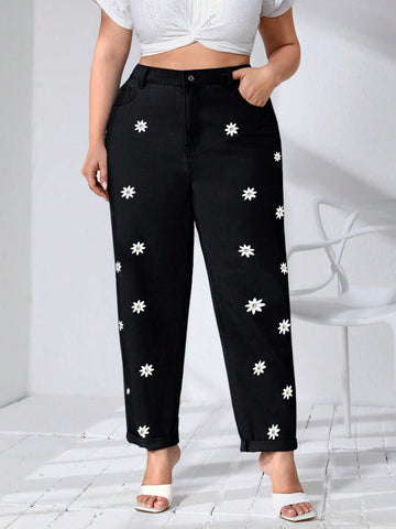 Plus Size Women Fashionable Flower Print Casual Jeans