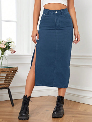 Women Side Slit Straight Casual Denim Skirt With Pocket