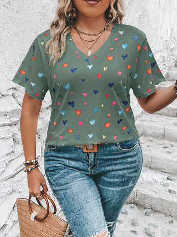 Plus Size Women V-Neck Love Heart Printed Short Sleeve Casual T-Shirt For Summer