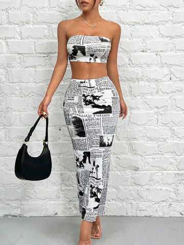 Printed Knitted Strapless Top + Skirt Women Set