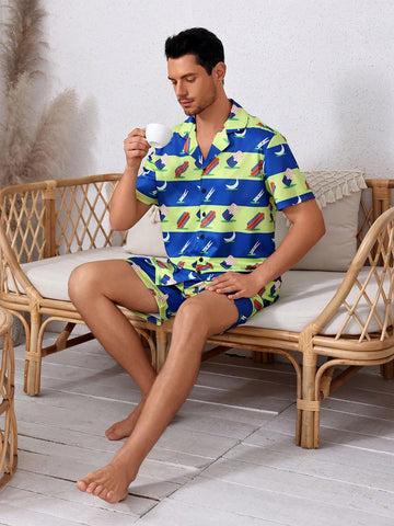 Men's Full-Print Short Sleeve Shirt And Shorts Homewear Set, Suitable For Summer