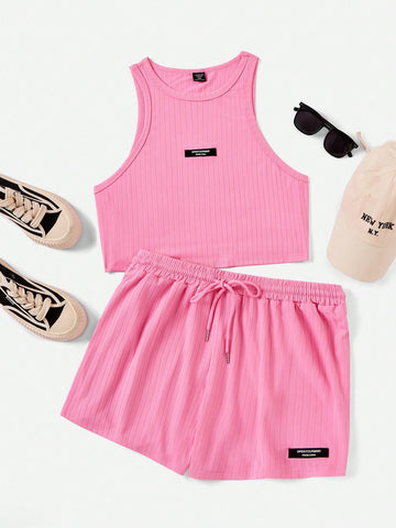 Plus Pink Knitted Vest And Shorts Set