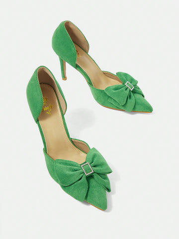 Pointed Toe Thin Heel Rhinestone & Bowknot Decorated Hollow Out Green High Heel Shoes For Women