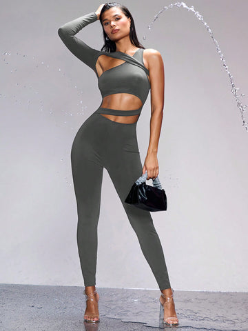 Ladies Irregular Wrap-Around Sexy Control Air Dating Street Festival Tight-Fitting Jumpsuit With Skinny Legs