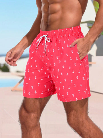 Men\ Seaside Vacation Anchor Print Drawstring Waist Beach Shorts
