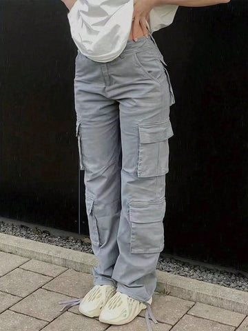 Men Streetwear Solid Loose Fit Flip Pocket Cargo Pants