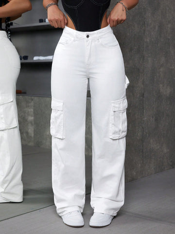 Women White Workwear Pocket Casual Straight Leg Denim Pants