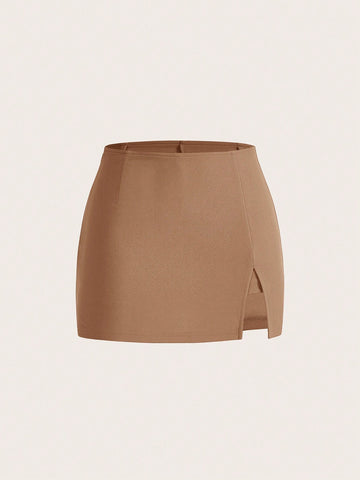 Solid Split Hem Straight Mini Skirt