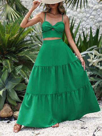 Solid Color Twisted Strap Tank Top And Ruffled Hem Skirt Set