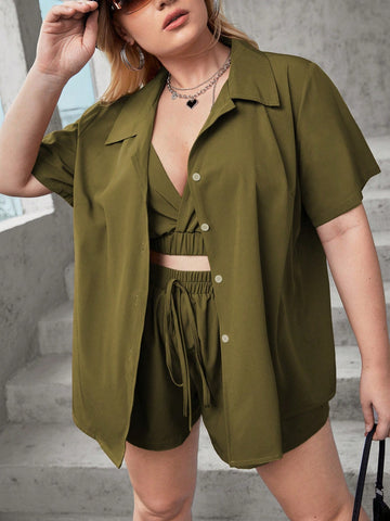 Plus Size Simple Summer Casual Set Including Short Camisole, Button-Up Short Sleeve Shirt And Shorts