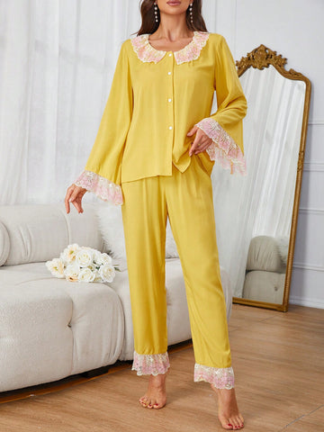 Stitching Lace Buttoned Cardigan Top And Pants Set For Casual Sleepwear