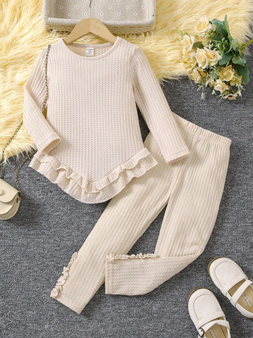 Young Girl Solid Round Neck Ruffle Hem Long Sleeve Top And Pants Set