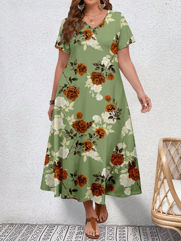 Rose Floral Print Plus Size V-Neck Slim Fit Short Sleeve Women's Dress