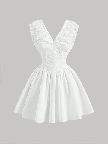 White Embroidered Summer Holiday Date V-Neck Pleated Dress