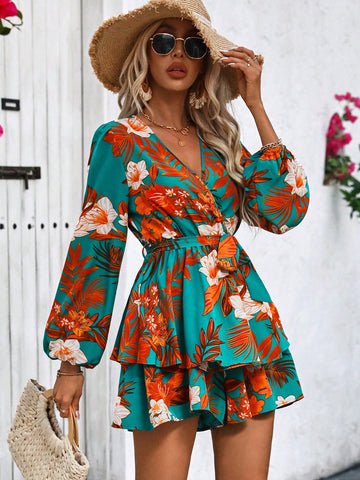 Women's Tropical Plant Printed Lantern Sleeve Wide Leg Romper For Spring/Summer Vacation