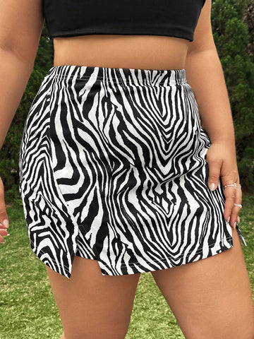 Plus Size Women\ Zebra Pattern Double Slit Hem Casual Short Skirt