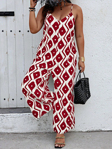Plus Size  Geometric Print Women Summer Casual Wide Leg Spaghetti Strap Jumpsuit