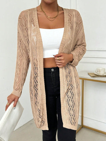 Hollow Out Knitted Long Cardigan With Front Open For Summer Vacation And Casual Wear