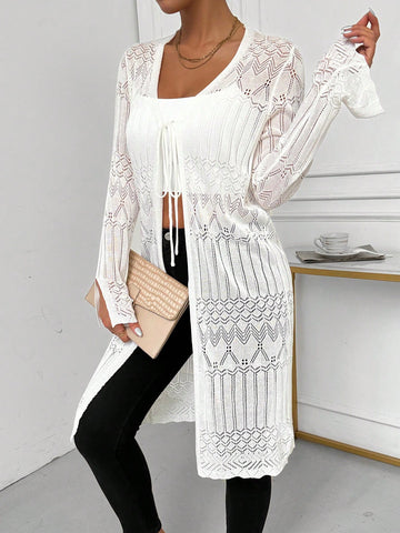 Spring/Summer Solid Color Hollow Knitted Bell Sleeves Mid-Length Cardigan With Tie Up
