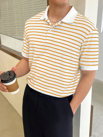 Men Loose Striped Button Half-Opened Short-Sleeved Casual Polo Shirt For Summer