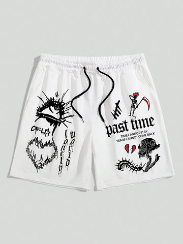 Men Drawstring Waist Summer Sports Casual Shorts With Letter And Heart Print