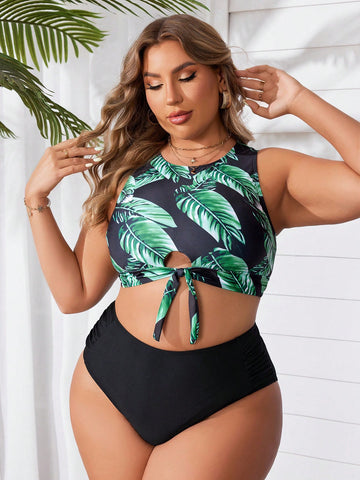 Plus Size Vacation Plant Print Vest Solid Color Triangle Briefs Bikini Set