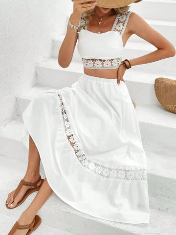 Women Romantic Summer Vacation Style Lace Patchwork Crop Top Camisole And Long Half Skirt Set