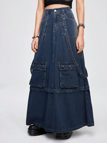 Punk Style Washed 3D Pocket Stitching Rivet Decoration Belt Denim Skirt For Women
