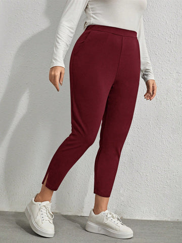Plus Size Solid Color Slim Fit Pants With Slanted Pockets And Open Slits For Outdoor Activities