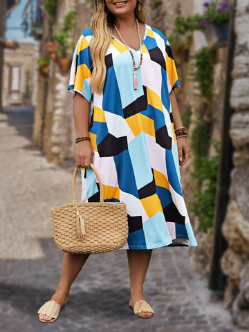 Plus Size Women's Loose Fit Colorblock Geometric Printed  Elegant  Long Mother's Day Dress