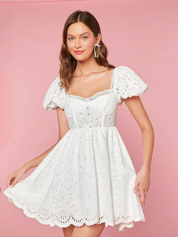 Women Summer Scallop Hem Sweetheart Neckline Hollow Embroidery Graduation White Dress
