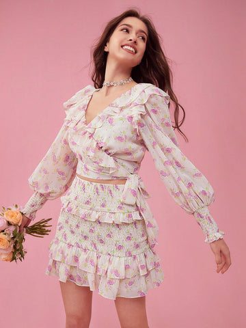Summer Sweet Floral Print Ruffle Hem Wrap Skirt