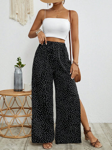 Women Loose Culottes With Polka Dots, Side Slit, Wide-Leg, Tie Belt And Elastic Waistband