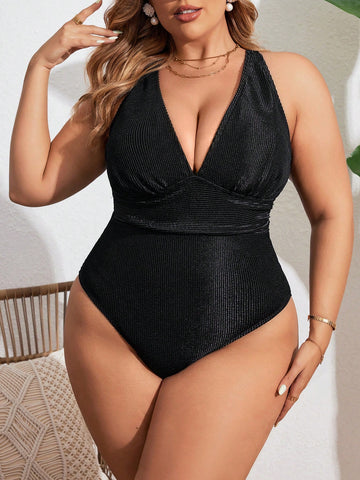 Plus Size Women Solid Color Simple Fashion One-Piece Swimsuit For Vacation