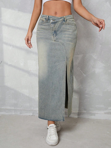 Women Denim Skirt Casual Ultra-Long Blue Skirt With Slanted Placket And Front Slit